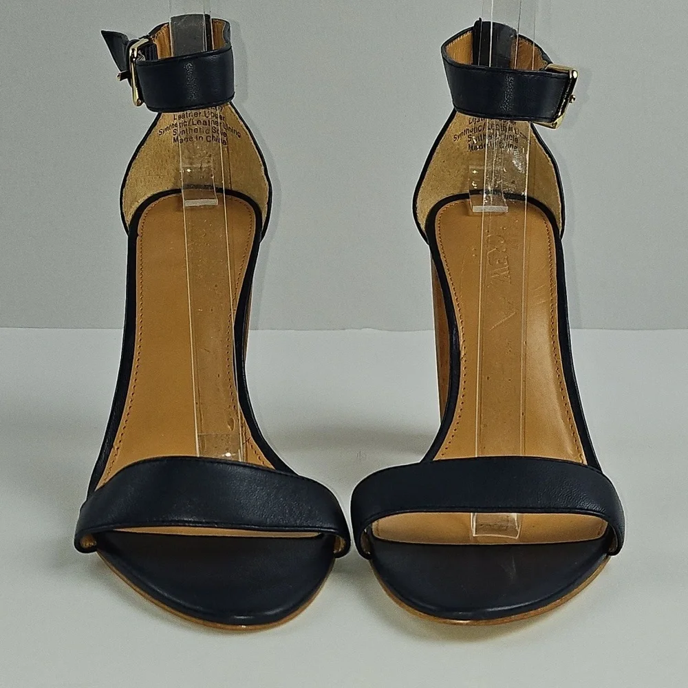 J. Crew Leather Navy Blue Open Toe Ankle Strap Wooden Block Heel Sandal